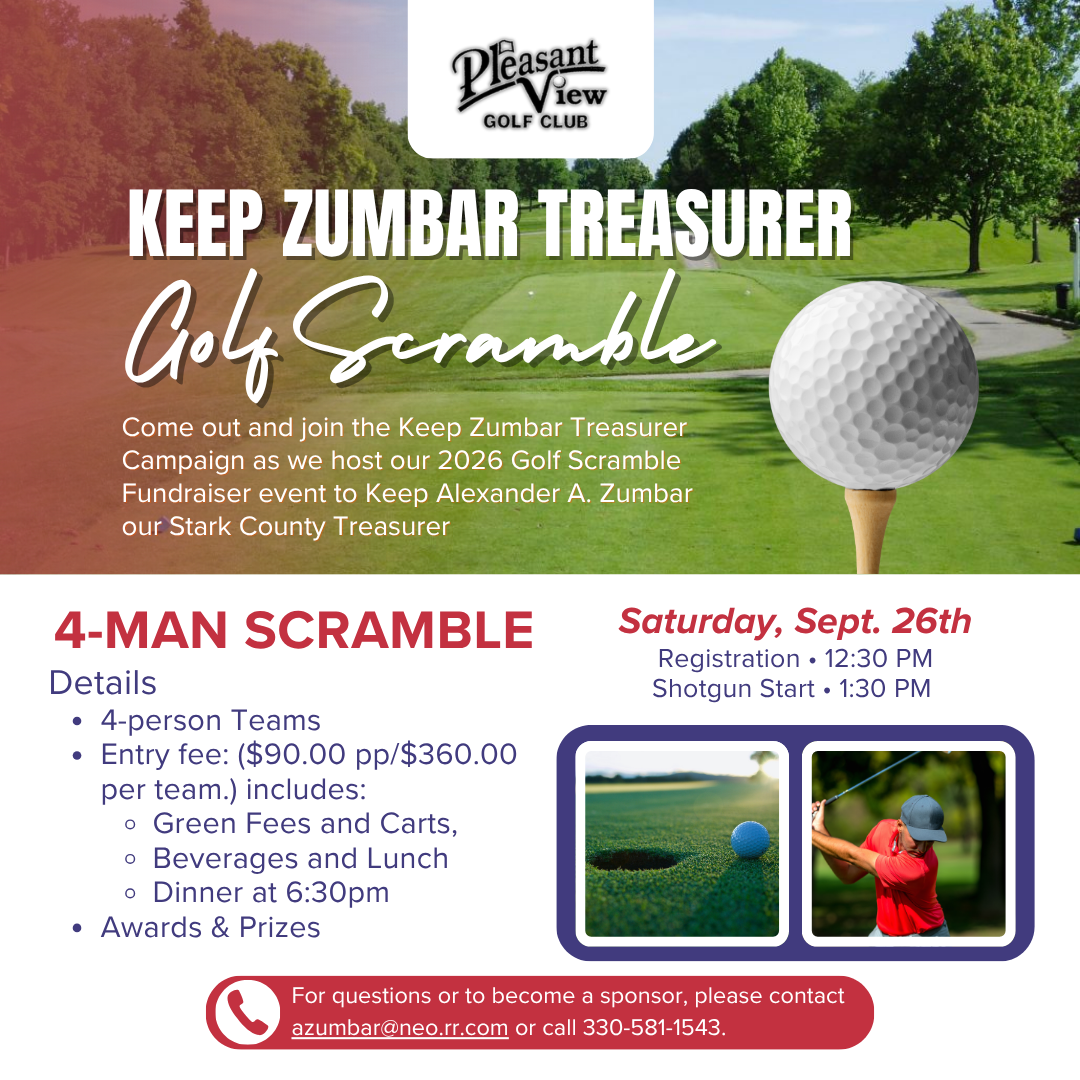Promotional flyer for the Keep Zumbar Treasurer 2026 Golf Scramble Fundraiser at Pleasant View Golf Club on Saturday, Sept. 26th. Features event details, pricing, schedule, and contact information.