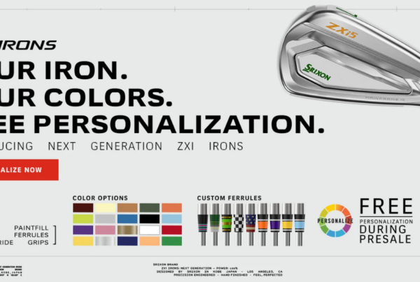 Srixon ZXi Irons promotion featuring a customized iron with green accents. Text: "ZXi Irons. Your Iron. Your Colors. Free Personalization. Introducing next generation ZXi irons. Free personalization during presale including custom paintfill, custom ferrules, and custom Golf Pride grips."